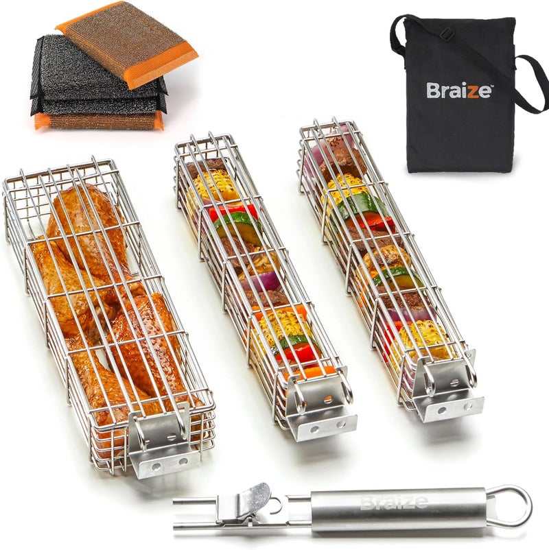 Braize Large Kabob Grilling Basket with Removable Handle. Stainless Steel construction with a Larger Capacity (12 x 2 x 2) and secure easy latch lid. (3-Piece Set – Bag & Sponges Included) - Image 1